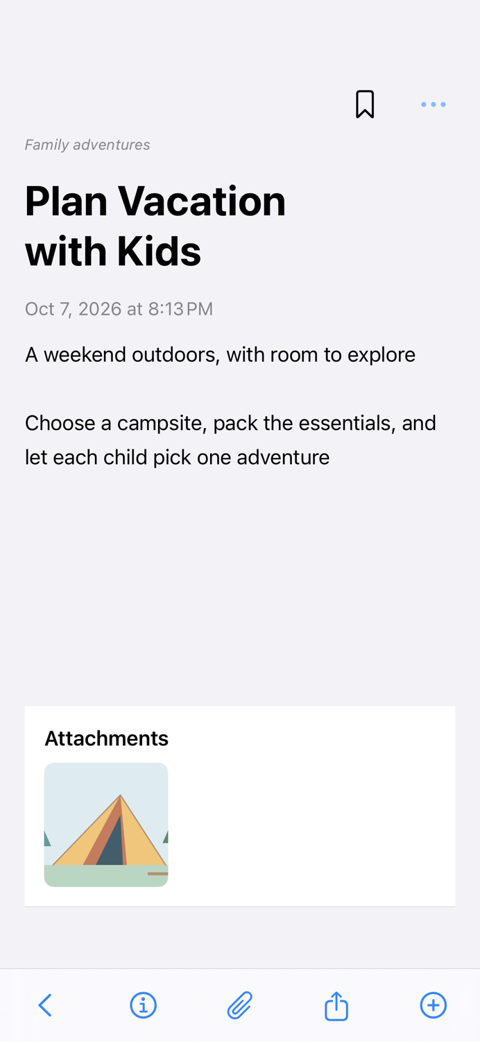 Plenact prototype showing the example note Plan Vacation with Kids, a family camping plan with an illustration attachment